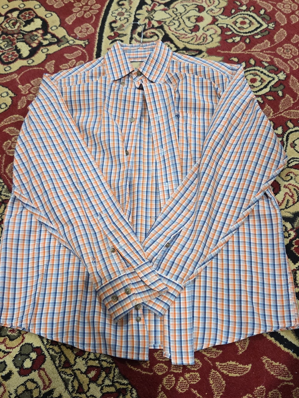 Wrangler Orange and Blue Plaid Long-Sleeve Dress Shirt